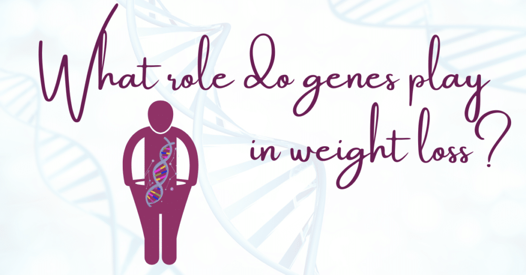 The text reads "What role do genes play in weight loss?" there is a background image of a double helix and there is a graphic of a stick person with loose pants with a double helix over the body