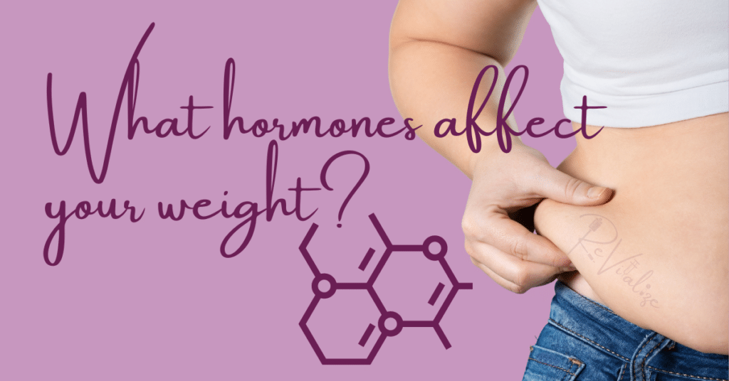 The image shows someone pinching the skin above the waist of their jeans and the text reads "What hormones affect your weight?"