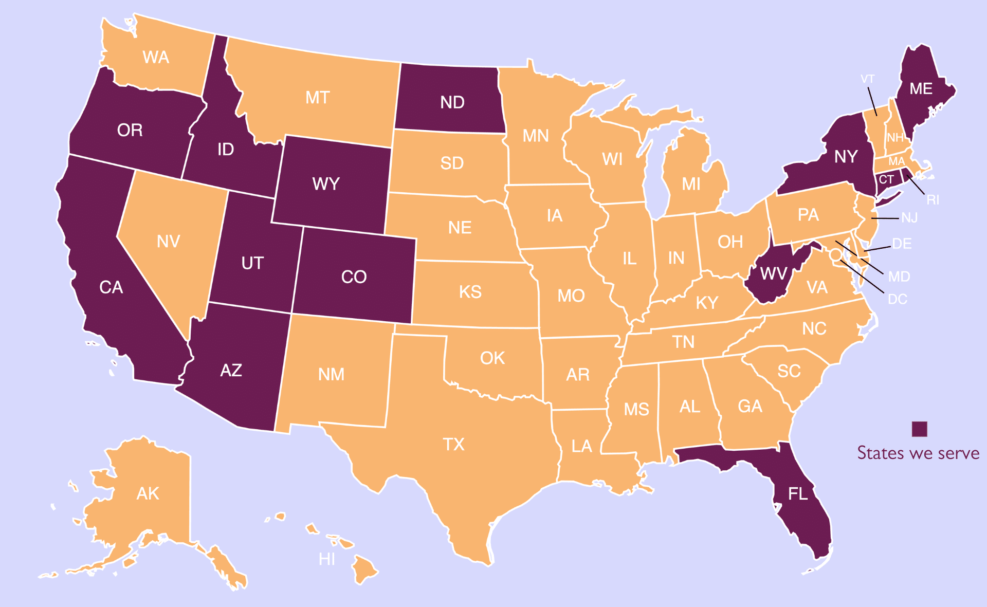 Map showing that ReVitalize provides medical weight loss services to patients in the states of Connecticut, California, Colorado, Arizona, Florida, Utah, Oregon, Idaho, Wyoming, North Dakota, West Virginia, New York, and Maine. 