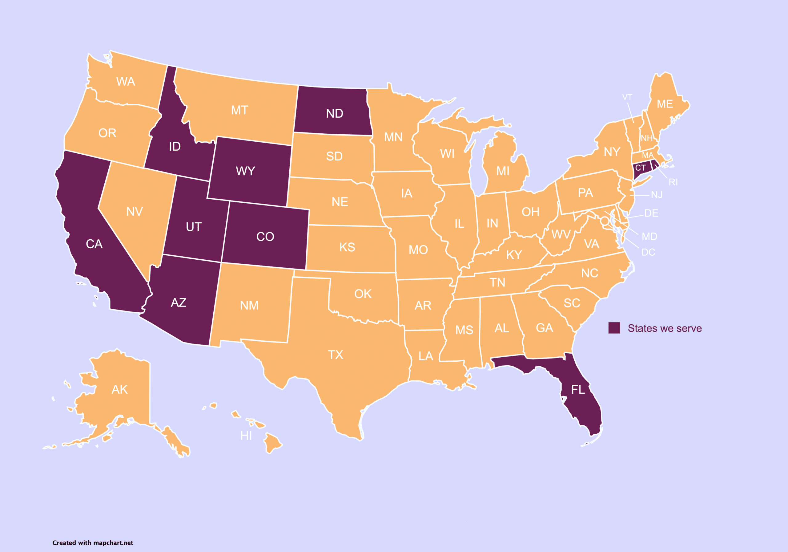 Map showing that ReVitalize provides medical weight loss services to patients in the states of Connecticut, California, Colorado, Arizona, Florida, Utah, Idaho, Wyoming, and North Dakota.